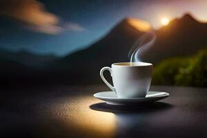 a cup of coffee on a table with mountains in the background. AI-Generated photo