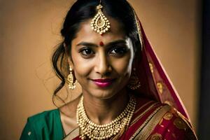 a beautiful indian woman wearing a red sari and gold jewelry. AI-Generated photo