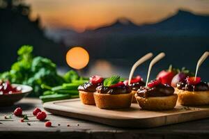 small appetizers on a wooden board with a sunset in the background. AI-Generated photo