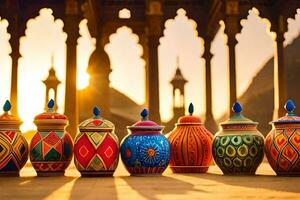 colorful pots lined up in front of a mosque. AI-Generated photo