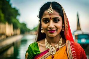 un hermosa indio mujer en tradicional atuendo. generado por ai foto