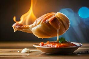 a chicken wing is being cooked on a plate. AI-Generated photo