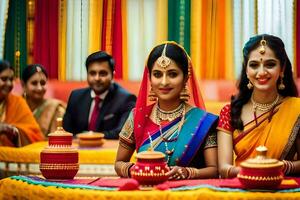 two women in traditional indian attire sitting at a table. AI-Generated photo