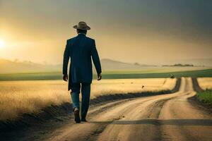 a man in a suit and hat walks down a dirt road. AI-Generated photo