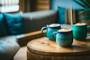 two coffee mugs on a wooden table. AI-Generated photo