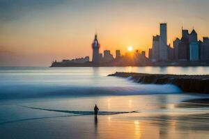 a surfer walks along the beach at sunset with the city skyline in the background. AI-Generated photo