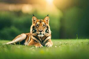 a tiger laying on the grass in the sun. AI-Generated photo