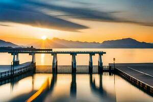the sun sets over a pier in front of mountains. AI-Generated photo