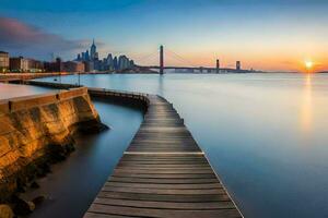 a wooden pier leads to the water with a city skyline in the background. AI-Generated photo