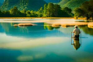 un hombre es en pie en el medio de un lago. generado por ai foto