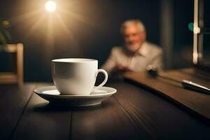 a coffee cup sits on a table in front of a man. AI-Generated photo
