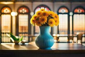 yellow flowers in a vase on a table in front of a window. AI-Generated photo
