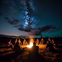 A group of friends sitting around a campfire under a starry sky generative ai photo