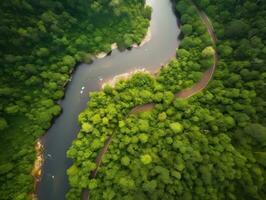 An aerial view of a winding river cutting through a dense forest generative ai photo