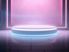 Beautiful futuristic modern podium with textured white wall and neon backlight generative ai photo