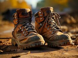 A close-up of a hiker's worn-out boots on a dusty trail generative ai photo