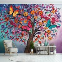 Multicolor flower with leaves and butterflies above on the tree illustration Background. 3D abstraction interior wall art decor wallpaper generative ai photo
