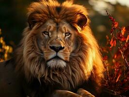 A lion in the savannah at sunset, male lion, king of the wilderness generative ai photo