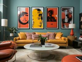 A retro-inspired modern home interior with a mix of vintage contemporary elements and bright orange accent wall and mid-century modern furniture generative ai photo