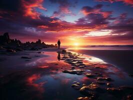 un vibrante puesta de sol terminado un tranquilo playa, dónde un solitario figura camina a lo largo el orilla generativo ai foto