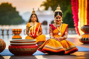 dos mujer en tradicional indio atuendo sentado en el suelo. generado por ai foto