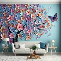 multicolor flor con hojas y mariposas encima en el árbol ilustración antecedentes. 3d abstracción interior pared Arte decoración fondo de pantalla generativo ai foto