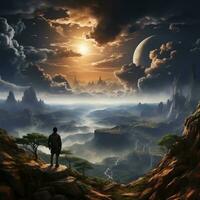 A traveler standing on a cliff edge, overlooking a vast, misty landscape generative ai photo