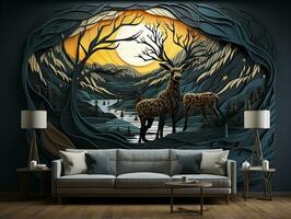 resumen moderno 3d interior mural pared Arte oscuro verde y dorado bosque árboles, ciervo animal fauna silvestre con aves, dorado luna, y olas montañas generativo ai foto