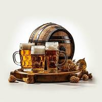 Beer glasses with beer barrel on isolated background generative ai photo