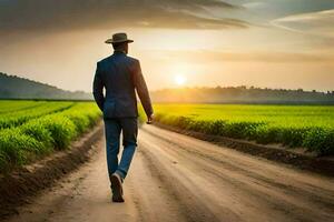 a man in a suit and hat walks down a dirt road. AI-Generated photo