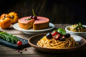 spaghetti with cherry tomatoes and cherries on a wooden table. AI-Generated photo