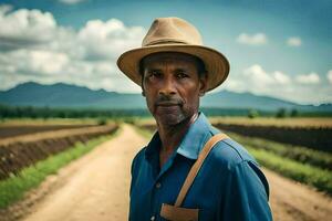 a man in a hat standing in a dirt road. AI-Generated photo