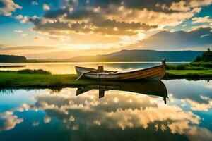 a boat sits on the shore of a lake at sunset. AI-Generated photo