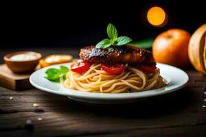 a plate of spaghetti with tomatoes and basil. AI-Generated photo