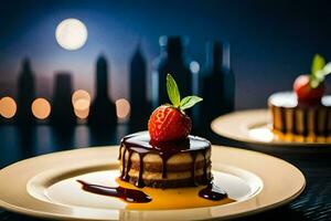 two desserts on plates with strawberries and chocolate. AI-Generated photo