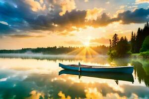 the boat is floating on the calm lake at sunrise. AI-Generated photo