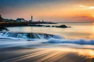 un faro y un faro en el distancia a puesta de sol. generado por ai foto