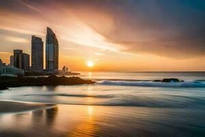 el Dom conjuntos terminado el Oceano y edificios en el antecedentes. generado por ai foto