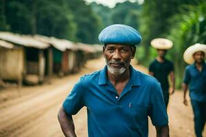 un hombre vistiendo un azul sombrero camina abajo un suciedad la carretera. generado por ai foto