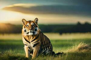 a tiger sitting in the grass at sunset. AI-Generated photo