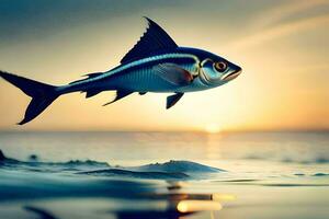 a fish is flying over the ocean at sunset. AI-Generated photo