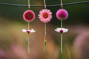 three pink flowers hanging from a wire. AI-Generated photo