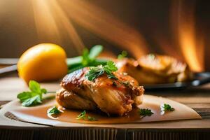 a plate with chicken and lemons on a wooden table. AI-Generated photo