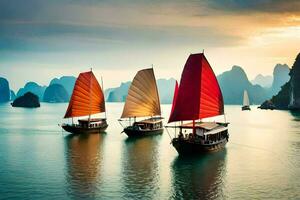 Tres barcos con rojo paño en el agua. generado por ai foto