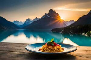 a plate of pasta with a view of mountains and lake. AI-Generated photo