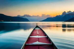 un canoa es flotante en el agua a puesta de sol. generado por ai foto