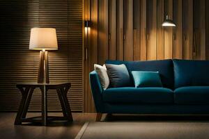 a blue sofa and lamp in a room. AI-Generated photo