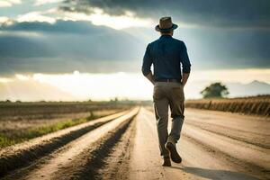 man walking on dirt road with sun setting behind him. AI-Generated photo