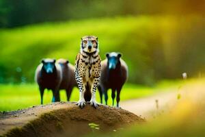 un leopardo en pie en frente de un manada de oveja. generado por ai foto