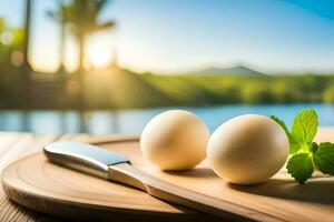 two eggs on a wooden cutting board with a knife. AI-Generated photo